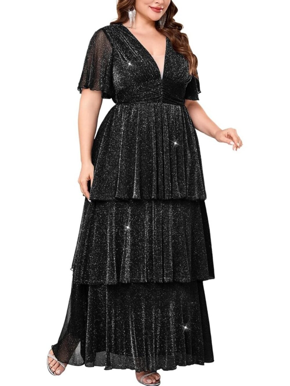 Elegant Plus Size Formal Evening Gown | Glitter V Neck Ruffle Sleeve Maxi Dress